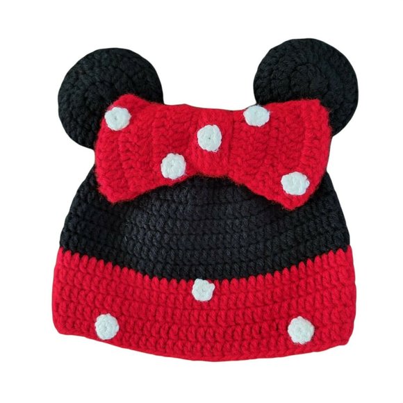 Minnie Mouse Crocheted Hat with Bow Polka Dot, Ears 16" Childs Beanie Cap EUC - Picture 2 of 5